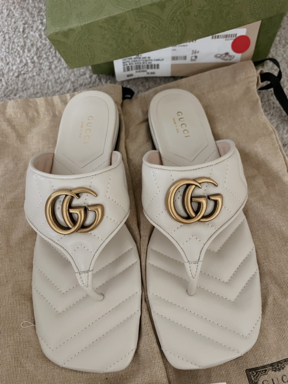 Gucci Cream Quilted Leather GG Thong Sandals with Gold Hardware